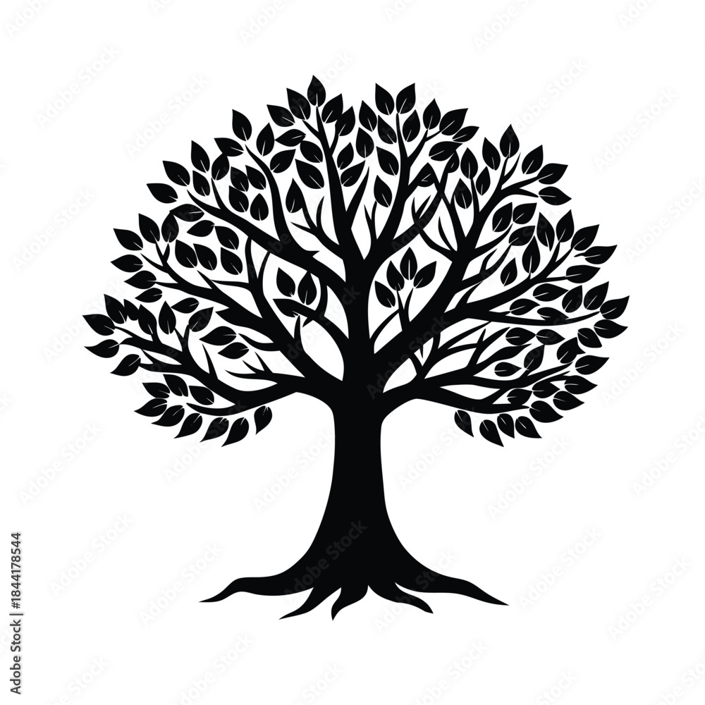Obraz premium Black silhouette of a large leafy tree with strong roots isolated on white background