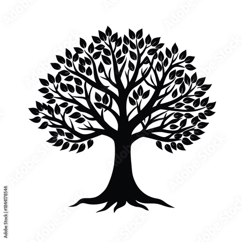Black silhouette of a large leafy tree with strong roots isolated on white background