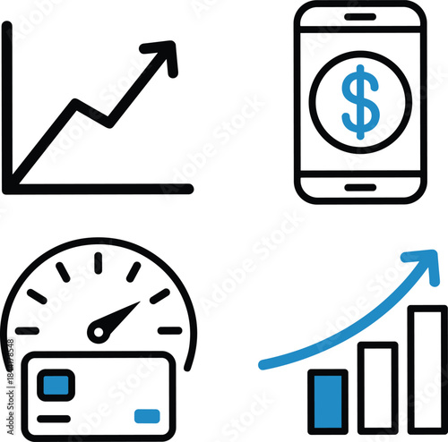 Financial growth and analytics icon set, mobile payment dashboard, performance metrics illustration, business statistics symbols, modern flat finance design