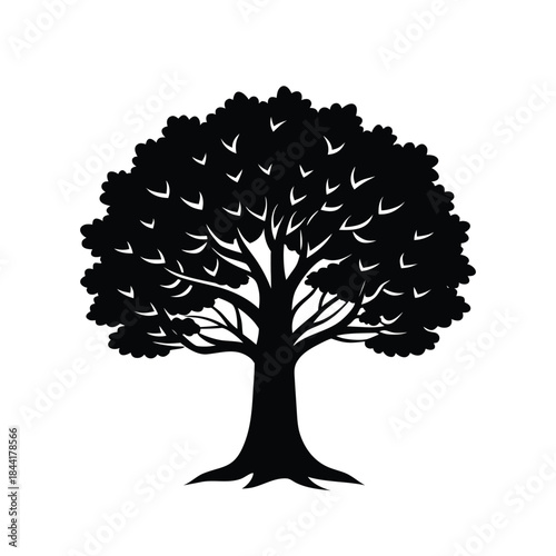 Oak tree vector silhouette, robust design, black color, isolated on a white background