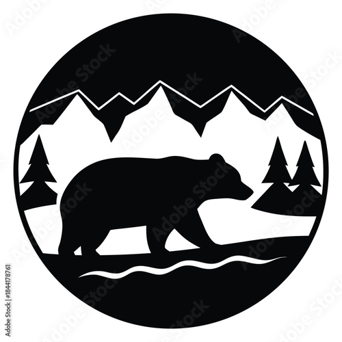 Black silhouette of walking bear in mountain landscape with trees in a circular frame