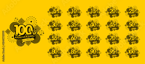 Set of anniversary celebration emblem logo isolated with ribbon, stars fireworks, sparkler on yellow background. vector illustration template design for web 
