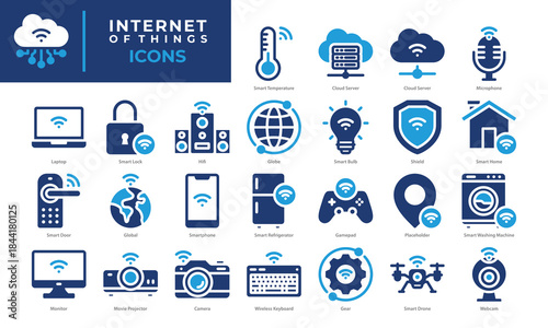 Internet of Things icons set collection featuring smart devices, home automation, cloud data, and connected technology. Ideal for IoT apps, smart home systems, and modern tech projects.