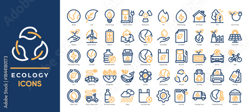 Ecology themed icons set featuring sustainability, renewable energy, recycling, and environmental protection. Great for green projects, nature apps, and eco-friendly campaigns.
