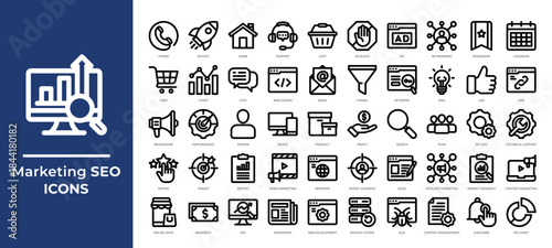 Marketing and SEO icons set including analytics, keywords, content, ads, and optimization tools. Perfect for digital marketing, web design, and online business projects.