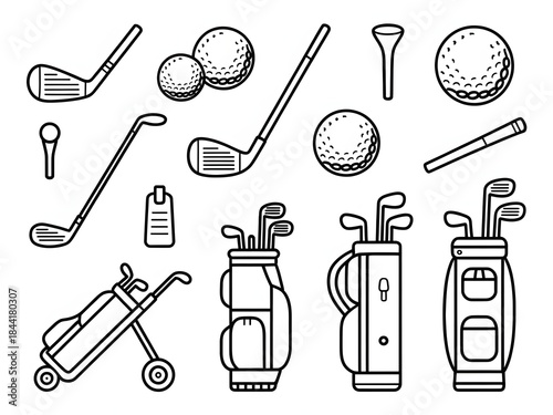 A set of black and white line icons representing various golf equipment items