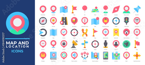 Map and Location icons set including pins, GPS, navigation, landmarks, and directions. Perfect for travel apps, maps, delivery tracking, and location-based services.