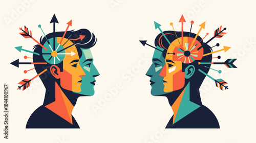 Abstract illustration of two profiles with arrows and ideas flowing  