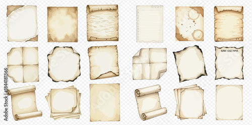 Set of vintage old paper sheets, parchment, and burnt edges for rustic design elements.