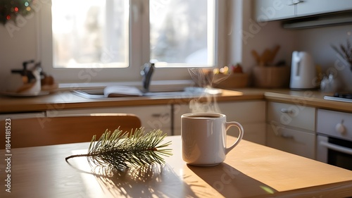 Steaming coffee mug and pine branch on wooden table in sunlit kitchen