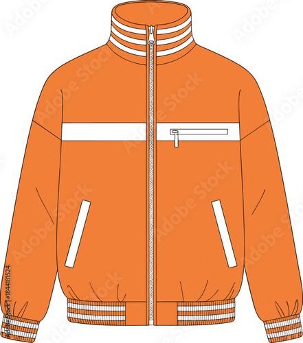 Orange bomber jacket flat vector illustration, front view winter clothing design, sporty fashion apparel isolated on white background