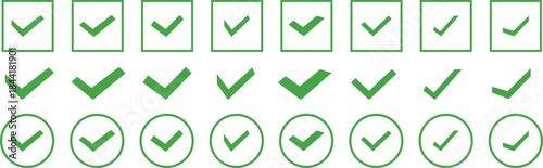 Check mark icons. Check box icon with correct, accept checkmark icons tick box checked. Checkmark icon color editable on white background 