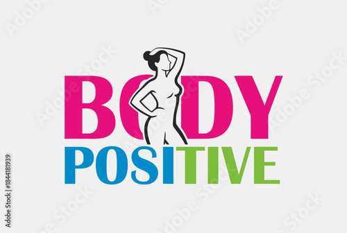 A vibrant logo for 'BODY POSITIVE' featuring a confident woman's silhouette replacing the 'O' in 'BODY', with pink, blue, and green text.