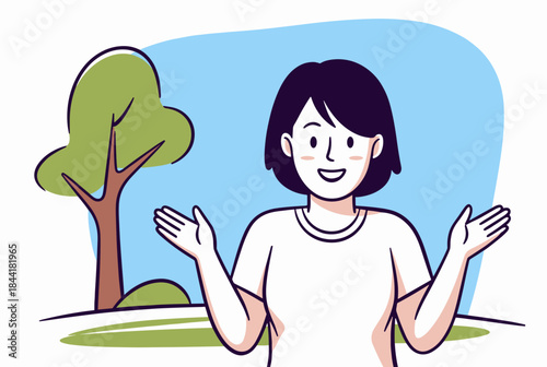 A friendly cartoon woman with dark hair smiling and gesturing outdoors with a tree and blue sky in the background.