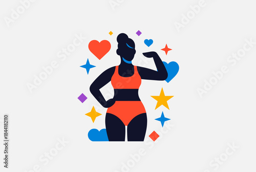Stylized illustration of a confident woman flexing her bicep, surrounded by hearts and stars, symbolizing strength and body positivity.