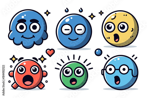 A collection of six colorful cartoon emoji characters displaying various emotions like happiness, surprise, and contentment, with distinct facial expressions and shapes.