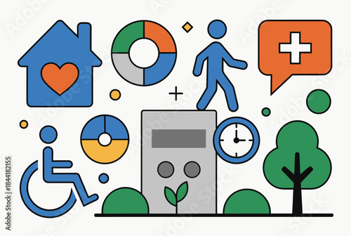 Vector illustration of various icons representing health, community, environment, and social well-being concepts.