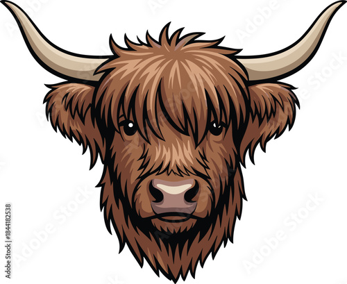 Highland cow illustration, cartoon cow head mascot, shaggy cattle logo, farm animal character, rustic livestock emblem design