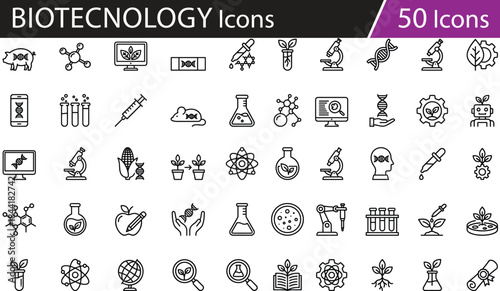 Biotech and genetics icons set, black and white vector, lab research symbols, DNA science tools, molecular illustrations