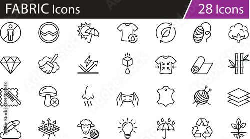 Textile clothing icon set, fabric features, garment symbols, sustainable material, breathable, soft, water-resistant, natural fiber, eco-friendly design