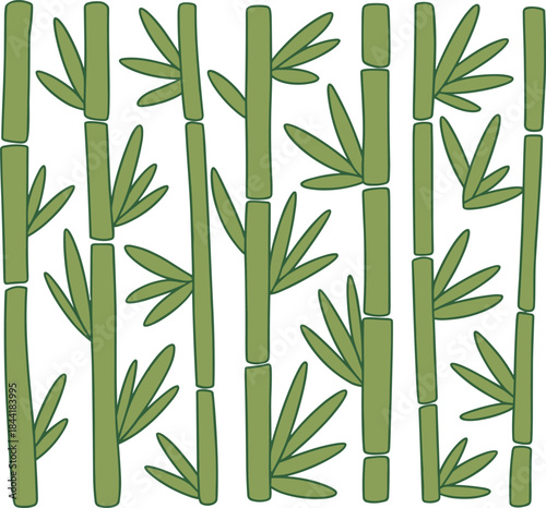 Minimalist bamboo illustration pattern, green bamboo stalks leaves design, nature inspired botanical background art
