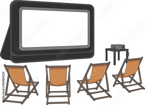Outdoor movie night illustration, inflatable projector screen setup, backyard cinema chairs, home theater outdoor entertainment scene graphic