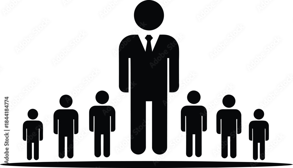 Αυτοκόλλητο Giant Businessman Icon Boss Leading Teamwork and Hierarchy Concept for Corporate Management, Leadership, Authority, and Business Power over Employees or Subordinates