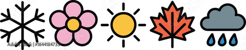 Seasonal weather icon set illustration, snowflake flower sun autumn leaf rain cloud symbols, minimal flat vector design for UI and apps