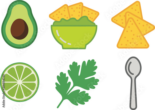 Guacamole ingredients illustration, avocado chips lime cilantro icons, Mexican food elements, flat food graphics, healthy snack vector set