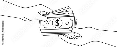 Hands exchanging money cash payment line art vector illustration, financial transaction concept, salary transfer, business deal, donation, banking icon