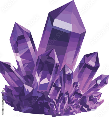 Amethyst crystal cluster illustration, purple gemstone mineral artwork, faceted quartz crystals, mystical healing stone graphic, fantasy geology illustration