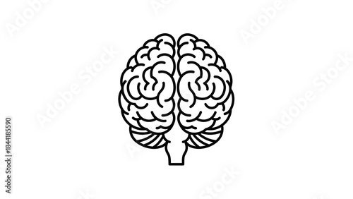 Minimalist flat vector illustration of a human brain in front view, simple symmetrical outline with clean black line art, smooth rounded curves, uniform stroke thickness. White background, centered co