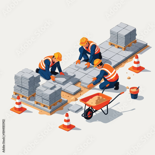 Construction workers laying paving slabs.