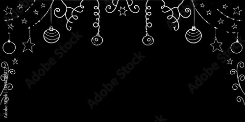 Festive holiday decorations with hanging ornaments and twinkling stars on black