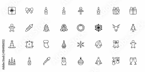 Collection of winter holiday themed line icons and illustrations in black and white