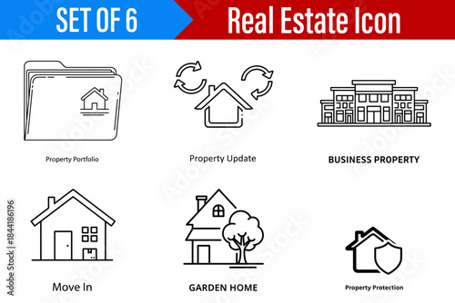 Line Art Icons for Real Estate Business Property Portfolio and Home Protection