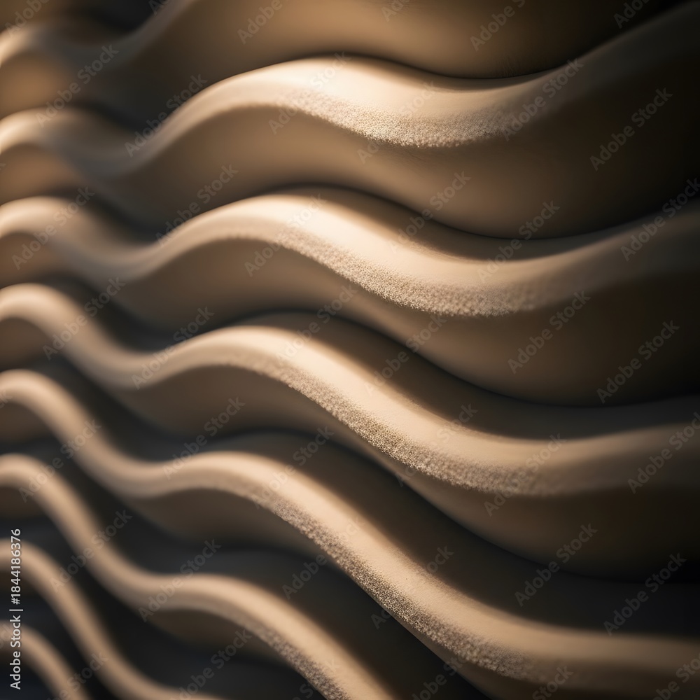 Obraz premium Close-up of abstract wavy textured surface with soft lighting, showcasing elegant flowing curves and granular detail in warm beige and brown tones.