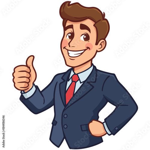 Smiling businessman in a suit giving a thumbs up gesture of approval and success