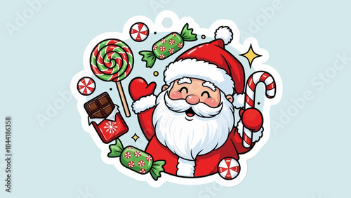 Jolly Santa Claus surrounded by a delightful assortment of Christmas candies and treats.