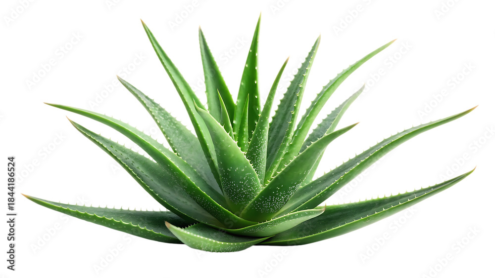 Fototapeta premium Fresh green aloe vera plant with spiky leaves, isolated on transparent background