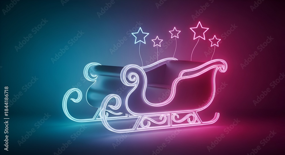 Fototapeta premium Enchanting neon Christmas sleigh with stars sparkles with holiday magic, perfect for vibrant seasonal campaigns and festive promotions this winter season