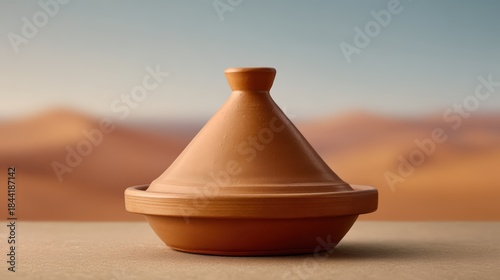 A traditional clay tagine sits on a surface, set against a soft, sandy backdrop, evoking a sense of culture and culinary heritage.