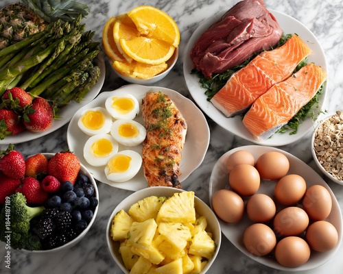 Assorted Healthy Foods on Plates Featuring Salmon Eggs and Fruits on Marble Countertop