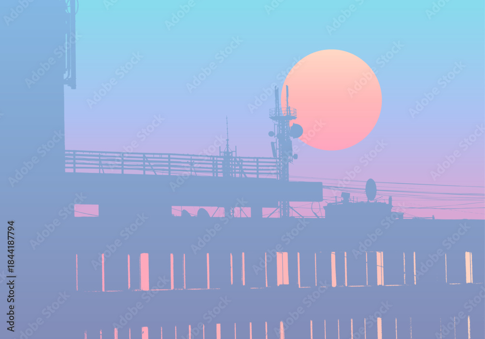 Obraz premium Vaporwave styled sunrise in blue and pink colors. Urban building silhouette on pastel sky and sun above residential rooftop