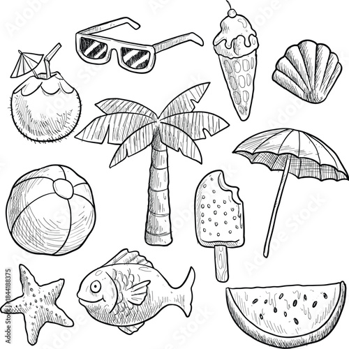 Flip flops ice cream starfish seashell watermelon drawing vector