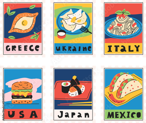 World country food cuisine stamp collection poster graphic vector