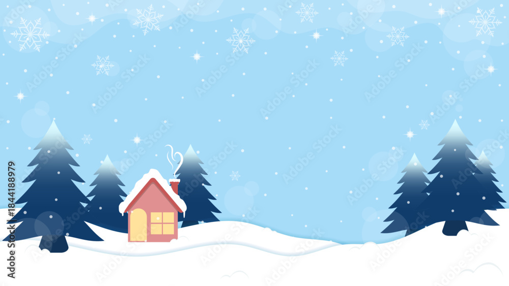 Fototapeta premium Simple Cabin In The Middle Of A Pine Forest On A Snowy Day With A Background Of Clear Sky And Snowflakes Falling In Winter