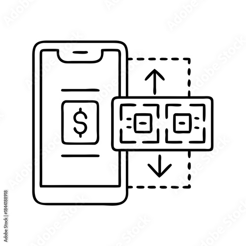 Minimal line icon of a smartphone with money symbol and transfer arrows, representing mobile payments, digital wallets, and cashless financial transactions.
