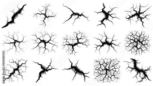 Black crack set, vector broken floor texture, rock crackle kit, earthquake ground crash on white. Damaged dry soil, surface broken cleft, cement split background. Black land crack disaster clipart