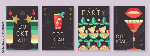 Set of holiday cocktail party posters with cocktail and champagne glasses. Restaurant menu design. Vector illustration